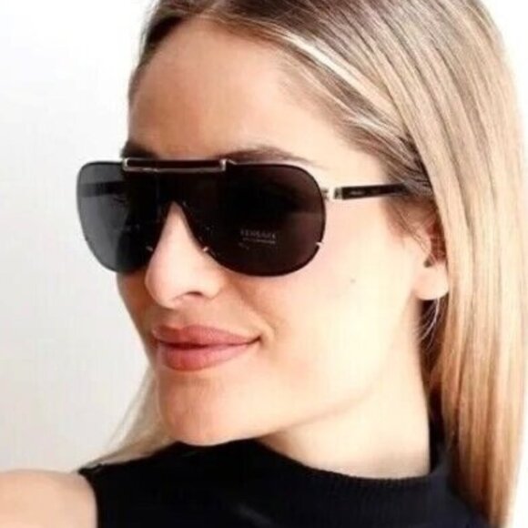 VERSACE Suglasses VE2140 1002 Pilot Aviator Greca Shield Black Designer